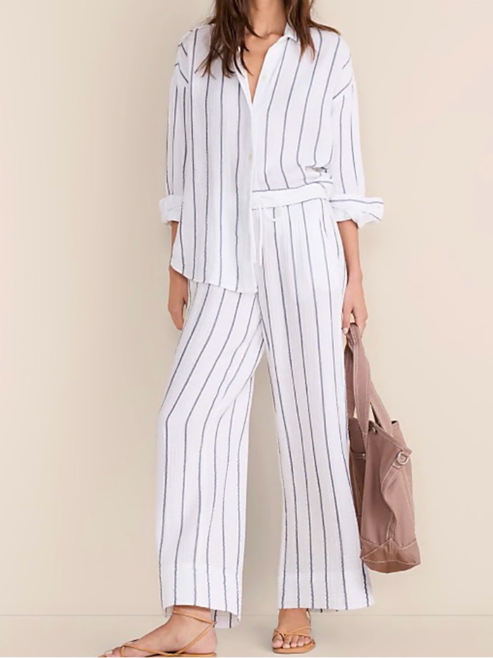 NWT LOFT LOU & GREY Striped Triple Cloth Wide Leg Pants & Shirt Set Size Smal